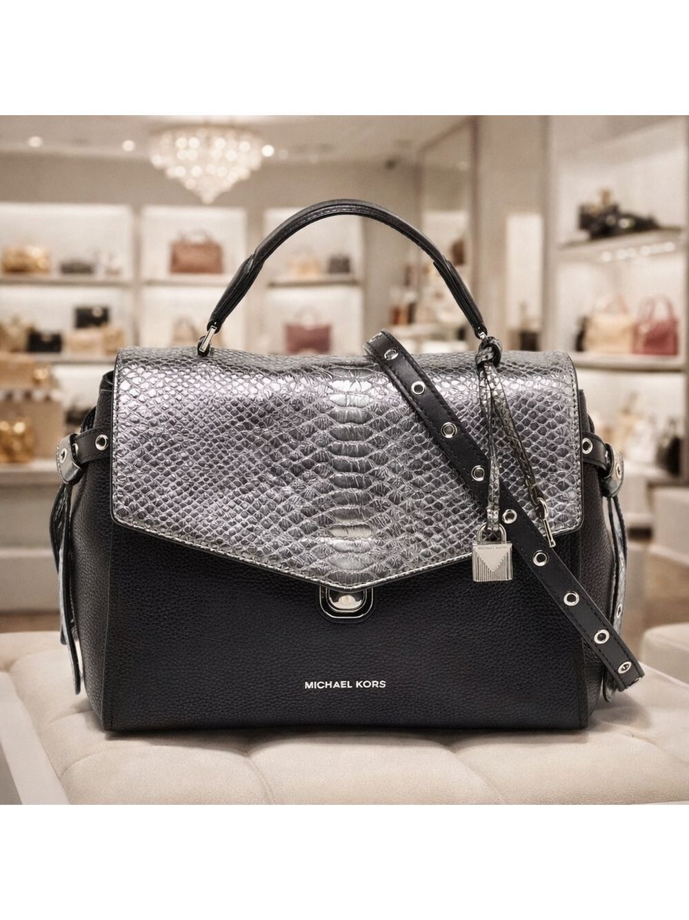 Michael Kors Black Silver Bristol Flap Satchel hand Bagβ Crossbody Snakeskin